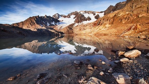 Mountain lake, France, Snow covered, Landscape, Reflection, Glacier, Rocks, 4K wallpaper