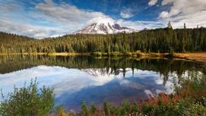 Mirror Lake, Green Trees, Forest, Glacier mountains, Snow covered, Cloudy Sky, Reflection, Body of Water, Landscape, Scenery, 4K wallpaper