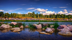 Romania, Rocks, Landscape, Blue Sky, Clouds, Reflection, High Dynamic Range, HDR, Green Trees, 4K wallpaper