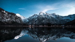Almsee, Austria, Landscape, Mountain range, Glacier mountains, Snow covered, Peaks, Reflection, Blue Sky, Stars, Scenery, 4K wallpaper