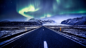 Aurora Borealis, Road, Mountains, Snow covered, Glacier, Landscape, Starry sky, Beautiful, Iceland, 4K wallpaper