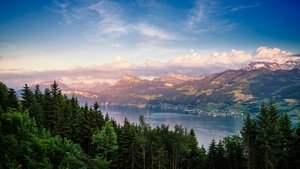 Switzerland, Landscape, Green Trees, Mountain range, Dusk, Cloudy Sky, 4K wallpaper