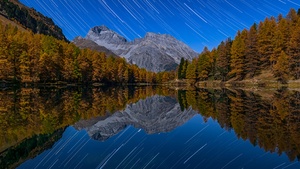 Lai da Palpuogna, Switzerland, Mirror Lake, Star Trails, Autumn trees, Albula Pass, Landscape, Long exposure, Night sky, Reflection, Mountain View, 4K wallpaper