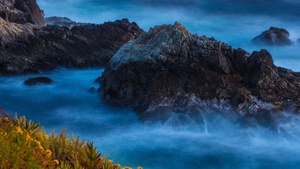 Rocky coast, Water waves, Big Sur, Beach, Long exposure, 4K wallpaper