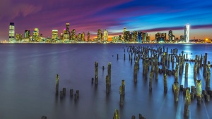 New York City, Metropolitan, Skyline, Cityscape, Night, City lights, Long exposure, Pier, 4K wallpaper
