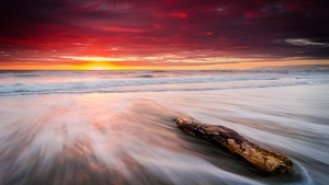New Zealand, Sunrise, Orange sky, Seascape, Waves, Coastal, Cloudy Sky, Long exposure, 4K wallpaper