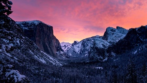 Yosemite National Park, Snow covered, Mountains, California, Purple sky, Valley, 4K wallpaper