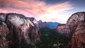 River Stream, Valley, Zion National Park, Sunset, Mountain range, 4K wallpaper