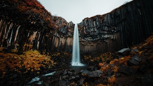 Svartifoss waterfall, Vatnajökull National Park, Iceland, Water Stream, Rocks, Landscape, Tourist attraction, Scenery, 4K wallpaper