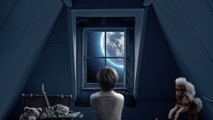Full moon, Roof, Boy, Teddy bear, 4K wallpaper