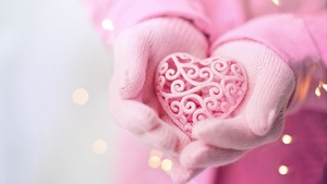Pink Heart, Hand Gloves, Pink background, Valentines Day, Emotions, February, 4K wallpaper