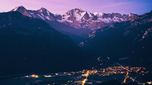 Mountain Peak, Purple, City lights, Aerial view, Dawn, 4K wallpaper