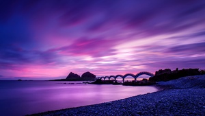 Taiwan, Landscape, Dawn, Purple sky, Clouds, Long exposure, Seascape, Shore, Scenic, 4K wallpaper