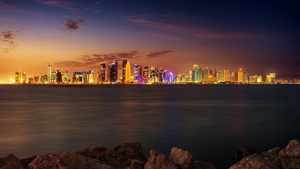 Qatar, Skyline, Cityscape, Night time, City lights, Long exposure, Body of Water, Landscape, Skyscrapers, Beautiful, 4K wallpaper