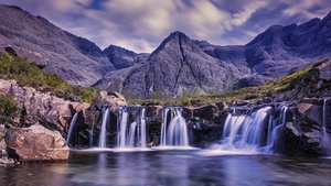 Waterfalls, Cloudy Sky, River Stream, Water flow, Long exposure, Mountains, Scenery, Landscape, 4K wallpaper