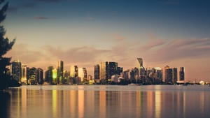 Sunset, Cityscape, Florida, City lights, Evening sky, Body of Water, Skyscrapers, 4K wallpaper