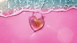 Love heart, Beach, Pink background, Pink Heart, Aerial view, Girly backgrounds, 4K wallpaper
