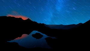 Schrecksee Lake, Star Trails, Germany, Night time, Mirror Lake, Hinterstein, Landscape, Reflection, Mountain range, Silhouette, Blue Sky, Outer space, 4K wallpaper