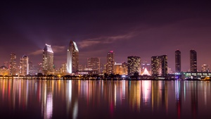 San Diego City, Skyline, Cityscape, City lights, Night time, Body of Water, Reflection, Long exposure, Skyscrapers, California, Purple sky, 4K wallpaper