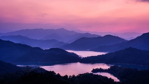 Mountain range, Pink sky, Sunset, Dusk, Lakes, Landscape, 4K wallpaper