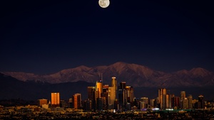 Los Angeles, Downtown, Cityscape, Night, Full moon, Dark, 4K wallpaper