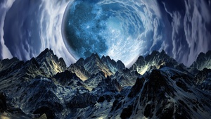 Surreal, Moon, Mountains, Landscape, Portal, Clouds, 4K wallpaper