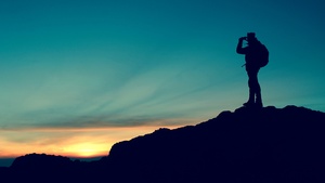 Silhouette, Mountain top, Sunset, Travel, Adventure, Scenery, Blue Sky, 4K wallpaper