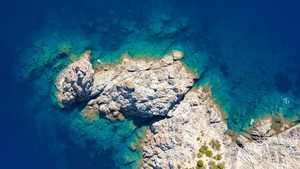 Rocky coast, Seashore, Blue Ocean, Aerial view, 4K wallpaper