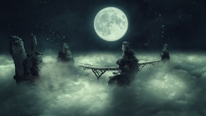 Full moon, Dark Sky, Clouds, Bridge, Starry sky, Surreal, Cliffs, Mystic, Illustration, 4K wallpaper