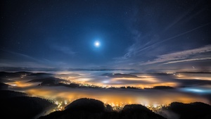 Aerial view, Fog, Landscape, Long exposure, Night time, Starry sky, Full moon, Moonlight, 4K wallpaper