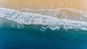 Seashore, Beach, Aerial view, Coast, Blue Ocean, Water waves, Sand, 4K wallpaper