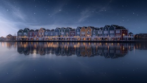 Colorful, Lakeside, House, Rainbow, Stars in sky, Evening sky, Reflection, Netherlands, Scenic, Wooden House, Aesthetic, 4K wallpaper