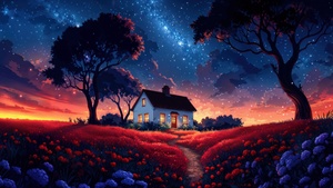 Surreal, Scenery, AI art, Landscape, Night, Milky Way, House, Aesthetic, 4K wallpaper