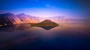 Crater Lake, Oregon, United States, Island, Body of Water, Dawn, Sunset, Blue Sky, Mountain range, Landscape, Scenery, Reflection, 4K wallpaper