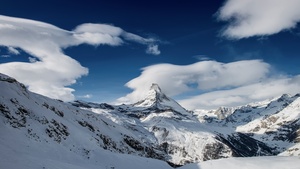 Matterhorn, Mountain Peak, Switzerland, Landscape, Clouds, Winter, Snow covered, Scenery, 4K wallpaper