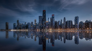 Chicago, Night City, Skyline, Cityscape, Illinois, USA, United States of America, Urban, Skyscrapers, Dusk, Evening sky, Dramatic, Reflections, Waterfront, City lights, 4K wallpaper