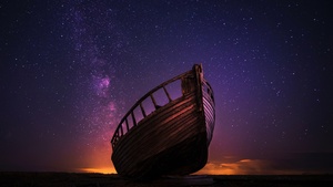 Sailing boat, Night time, Starry sky, Milky Way, Outer space, Seashore, 4K wallpaper