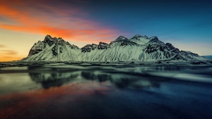Vestrahorn, Snow mountains, Sunset, Landscape, Reflection, Lake, Glacier, Scenic, Stokksnes, 4K wallpaper
