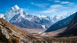 Nepal, Mountain range, Glacier mountains, Snow covered, Blue Sky, Landscape, Mountain Peaks, 4K wallpaper