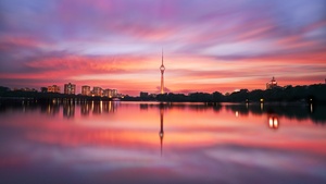 China Central TV Tower, Beijing, China, Body of Water, Silhouette, Reflection, Purple sky, Sunset, 4K wallpaper