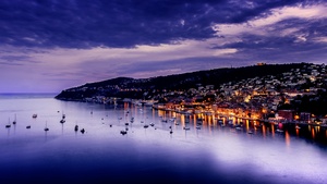 France, Sunset, Purple sky, Seascape, Twilight, Dark clouds, Boats, Long exposure, Body of Water, Dusk, City lights, 4K wallpaper