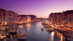 Venice city, Cityscape, City lights, Purple sky, Moon, Boats, Sunset, Body of Water, Long exposure, 4K wallpaper
