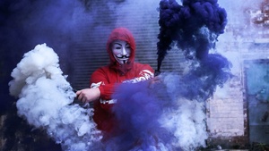 Man in Mask, Red Hoodie, Smoke can, Anonymous, Smoke Backgrounds, Purple, 4K wallpaper