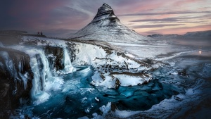 Iceland, Waterfall, Winter Mountains, Scenic, Landscape, Twilight, Frozen, Tourist attraction, Arctic, 4K wallpaper