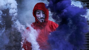Man in Mask, Smoke Backgrounds, Purple Smoke, Smoke Grenade, Anonymous, 4K wallpaper