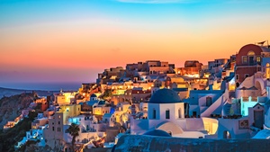 Oia, Santorini, Greece, Sunset, Panoramic, Colorful Sky, Vibrant, 4K wallpaper