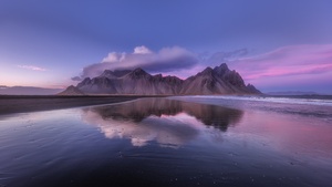 Vestrahorn mountain, Iceland, Sunset, Cloudy Sky, Body of Water, Reflection, Scenery, Landscape, Stokksnes, 4K wallpaper