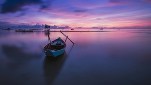 Sunrise, Vietnam, Purple sky, Scenery, Wooden boat, Dawn, Horizon, Landscape, Wide Angle, Body of Water, Reflection, 4K wallpaper