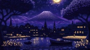 Mount Fuji, Aesthetic, Indigo background, Moon, Reflection, Night, Boats, AI art, 4K wallpaper
