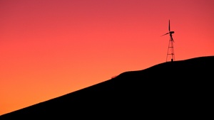 Windmill, Sunrise, Silhouette, Orange sky, Dawn, Hill, Simple, 4K wallpaper